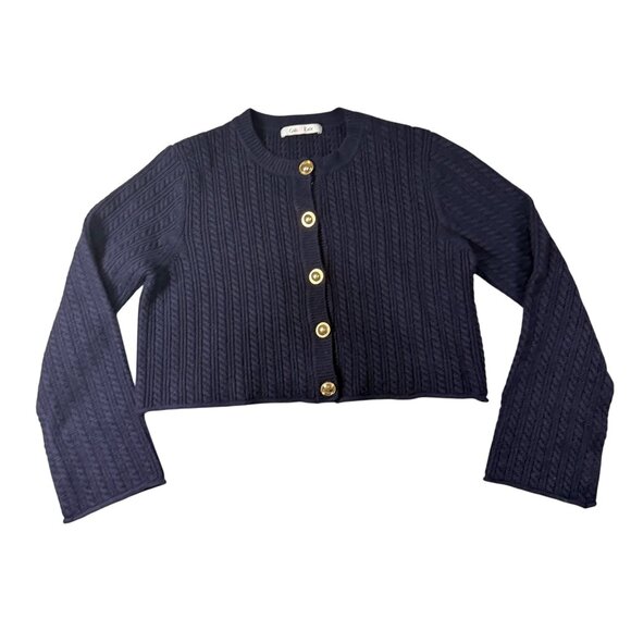 Gab Kate Womens Navy Cropped Cable Knit Cardigan Sweater Small Gold Buttons - Picture 1 of 5